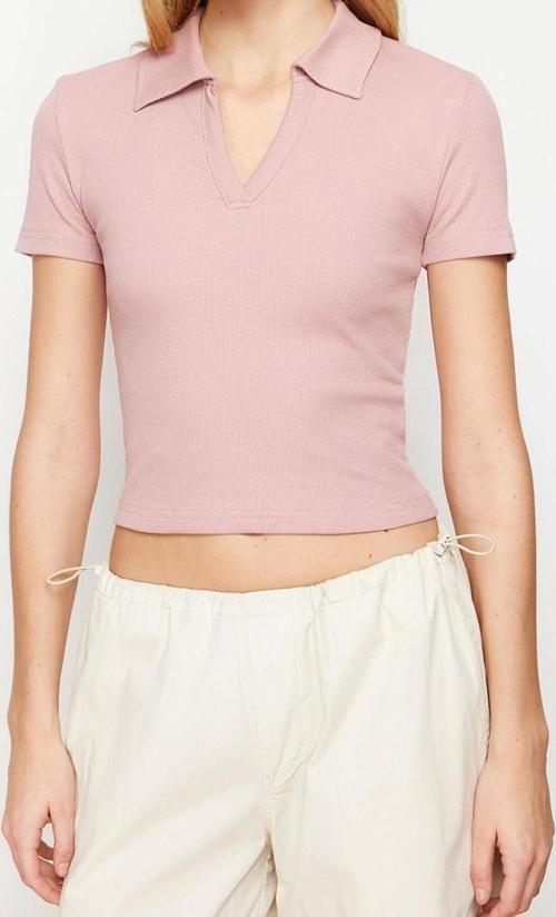 Moda Polo Yaka Örme Slim Slogan Desen Casual Günlük Crop Kısa Kol Bluz