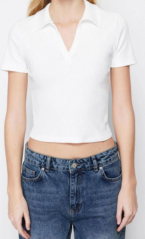 Moda Polo Yaka Örme Slim Slogan Desen Casual Günlük Crop Kısa Kol Bluz