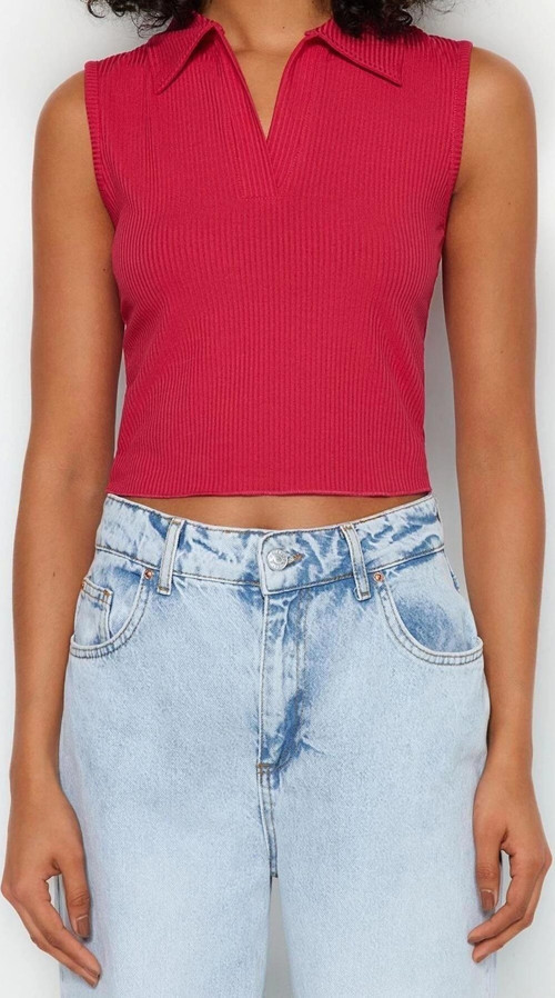 Moda Polo Yaka Örme Slim Düz Desen Casual Günlük Crop Kolsuz Bluz