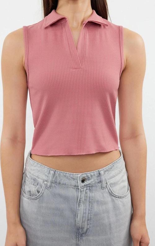 Moda Polo Yaka Örme Slim Düz Desen Casual Günlük Crop Kolsuz Bluz