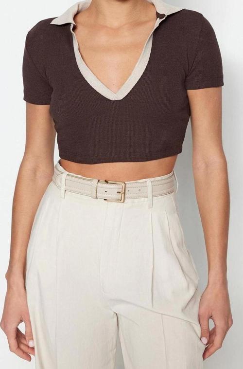 Moda Polo Yaka Örme Slim Renk Bloklu Desen Casual Günlük Crop Kısa Kol Bluz