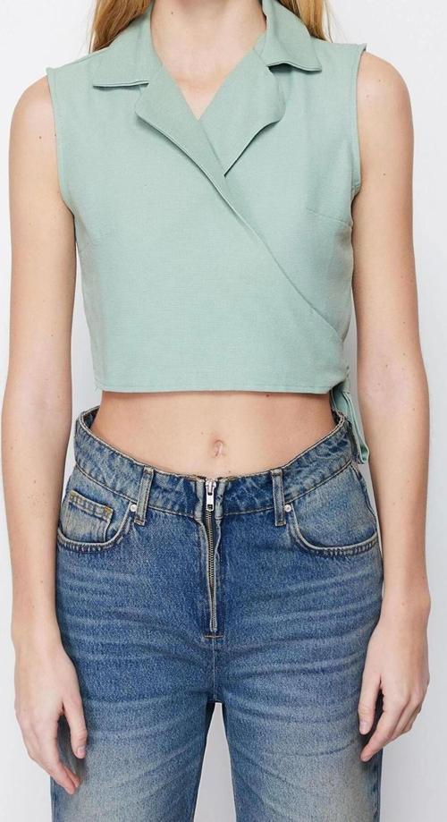 Moda Ceket Yaka Dokuma Fit Düz Desen Şık gece Crop Kolsuz Bluz