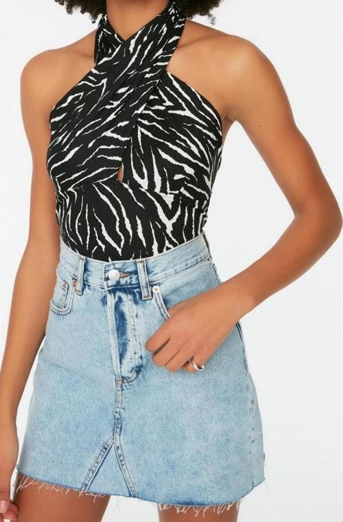 Moda Boyundan Bağlamalı Örme Slim Animal Desen Casual Günlük Crop Kolsuz Bluz