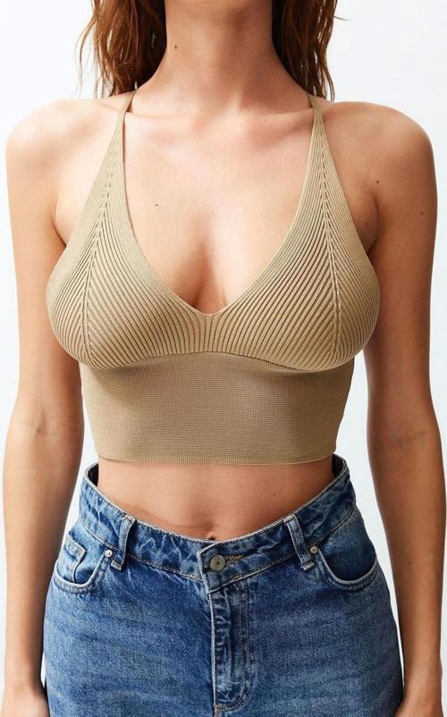 Moda V Yaka Triko Slim Düz Desen Casual Günlük Super Crop Askılı Kol Bluz