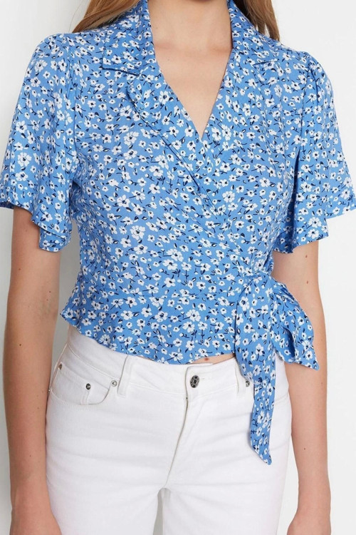 Moda Ceket Yaka Dokuma Fit Çiçekli Desen Casual Günlük Crop Kısa Kol Bluz