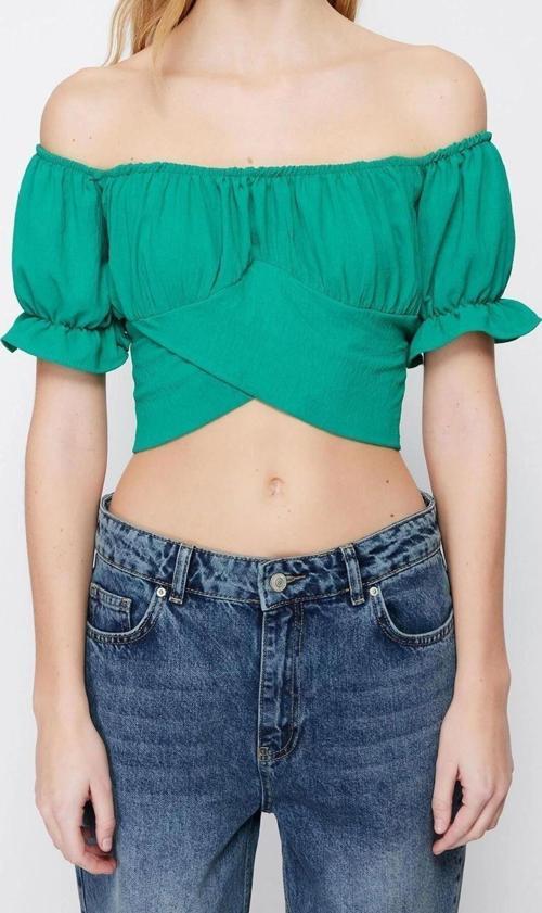 Moda Carmen Yaka Dokuma Fit Düz Desen Casual Günlük Regular Uzun Kol Bluz