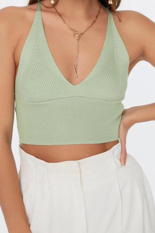 Moda V Yaka Triko Slim Düz Desen Casual Günlük Super Crop Askılı Kol Bluz