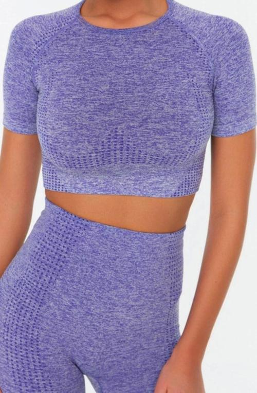Moda Bisiklet Yaka Örme Fit Düz Desen Sportswear Crop Kısa Kol Bluz