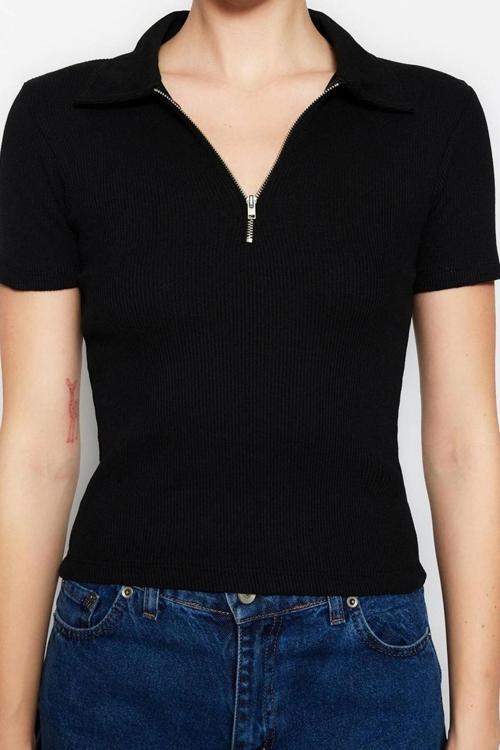 Moda Polo Yaka Örme Slim Düz Desen Casual Günlük Regular Kısa Kol Bluz