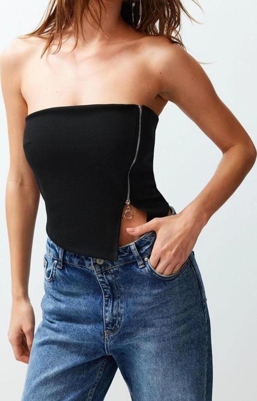 Moda Straplez Örme Slim Düz Desen Casual Günlük Regular Kolsuz Bluz