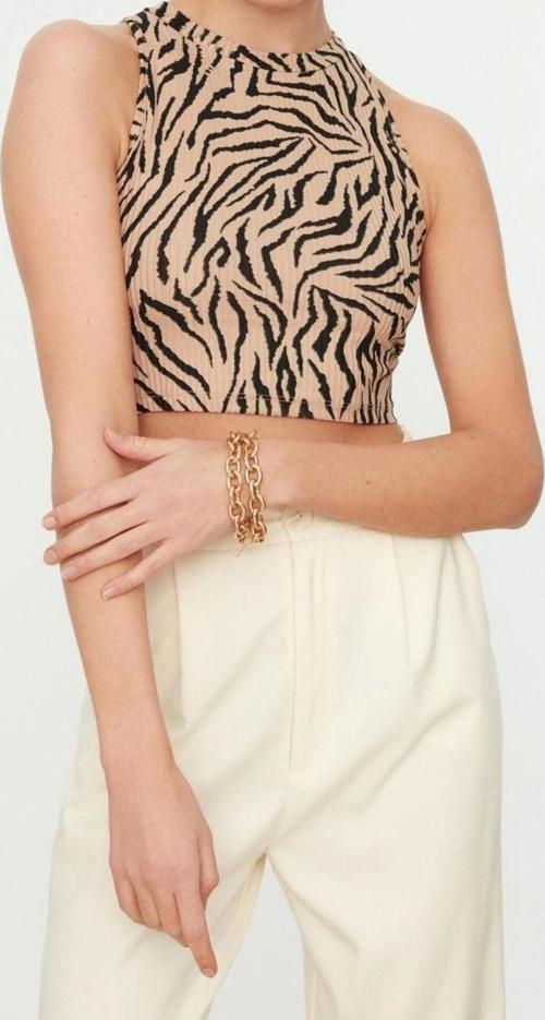 Moda Halter Yaka Örme Slim Animal Desen Casual Günlük Regular Kolsuz Bluz
