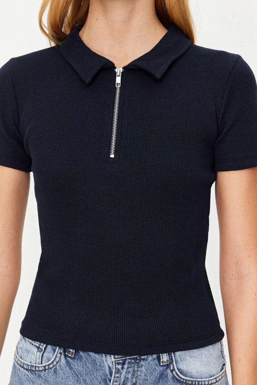 Moda Polo Yaka Örme Slim Düz Desen Casual Günlük Regular Kısa Kol Bluz