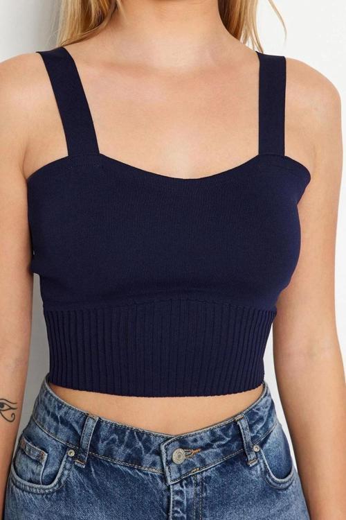 Moda Kare Yaka Triko Slim Düz Desen Casual Günlük Crop Askılı Kol Bluz