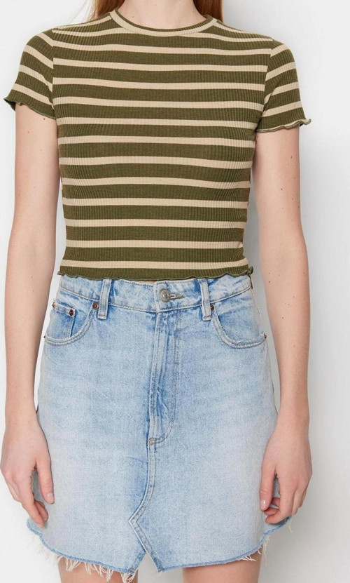 Moda Bisiklet Yaka Örme Slim Çizgili Desen Casual Günlük Crop Kısa Kol Bluz