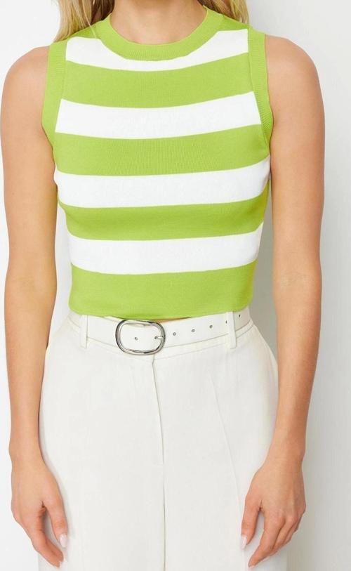 Moda Bisiklet Yaka Triko Slim Çizgili Desen Casual Günlük Crop Kolsuz Bluz