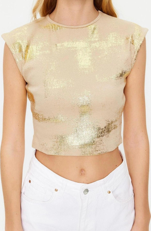 Moda Bisiklet Yaka Örme Slim Degrade Desen Casual Günlük Crop Kolsuz Bluz