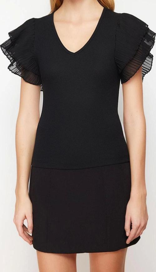 Moda V Yaka Örme Slim Düz Desen Casual Günlük Regular Kısa Kol Bluz