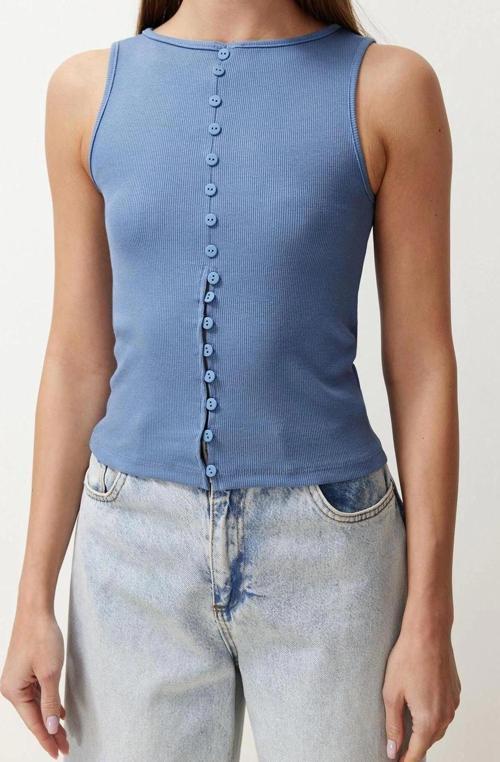 Moda Kayık Yaka Örme Slim Düz Desen Casual Günlük Regular Kolsuz Bluz