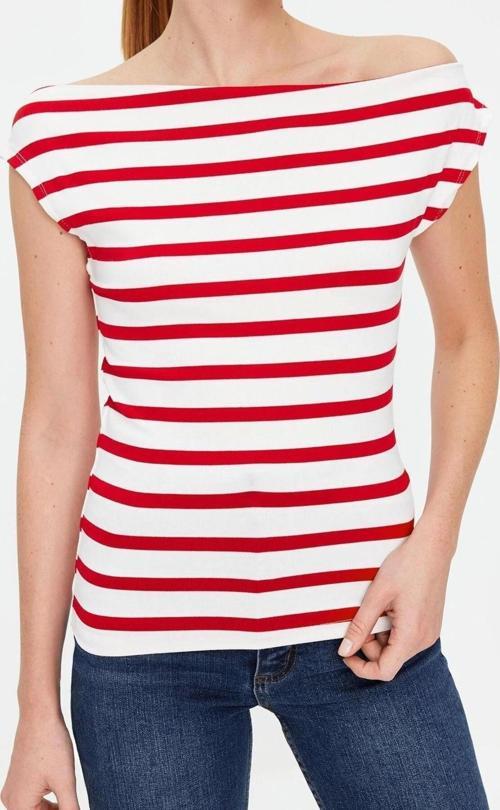 Moda Kayık Yaka Örme Slim Geometrik Desen Casual Günlük Regular Kısa Kol Bluz