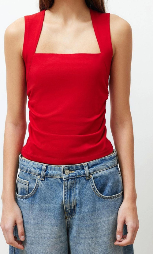 Moda Kare Yaka Örme Slim Düz Desen Casual Günlük Regular Askılı Kol Bluz