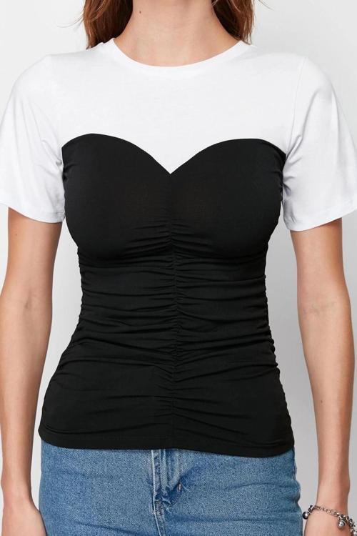Moda Bisiklet Yaka Örme Slim Renk Bloklu Desen Casual Günlük Regular Kısa Kol Bluz