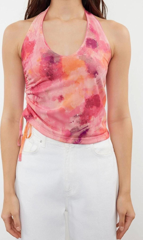 Moda Boyundan Bağlamalı Örme Slim Soyut Desen Casual Günlük Crop Kolsuz Bluz