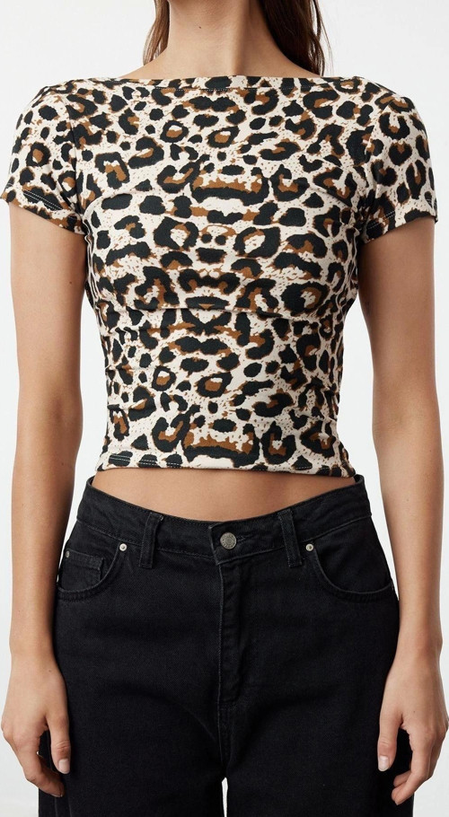 Moda Kayık Yaka Örme Regular Animal Desen Casual Günlük Crop Kısa Kol Bluz