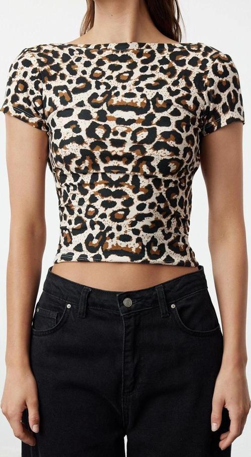 Moda Kayık Yaka Örme Regular Animal Desen Casual Günlük Crop Kısa Kol Bluz