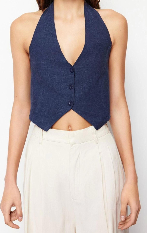 Moda Boyundan Bağlamalı Dokuma Slim Fit Düz Desen Casual Günlük Crop Kolsuz Bluz