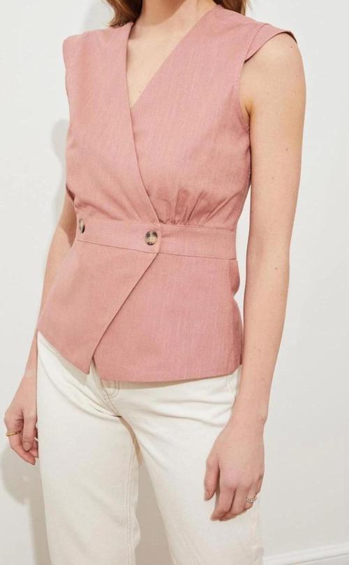 Moda Kruvaze Dokuma Fit Düz Desen Casual Günlük Regular Kolsuz Bluz