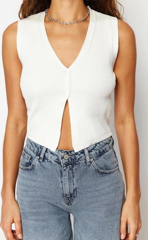 Moda V Yaka Triko Slim Düz Desen Casual Günlük Crop Kolsuz Bluz