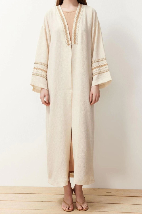 Moda Dokuma Rahat Kalıp Uzun V Yaka Düşük Kol Crinkle Basic Renk Bloklu Tesettür Giyim Kimono Kaftan