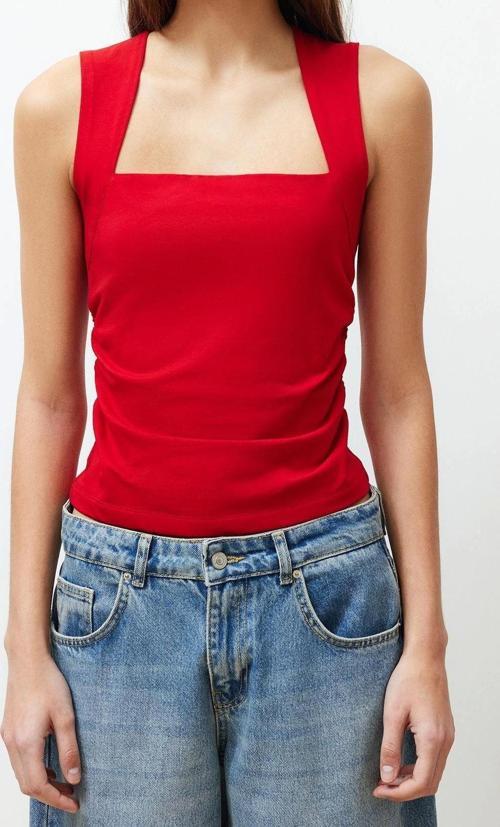 Moda Kare Yaka Örme Slim Düz Desen Casual Günlük Regular Askılı Kol Bluz