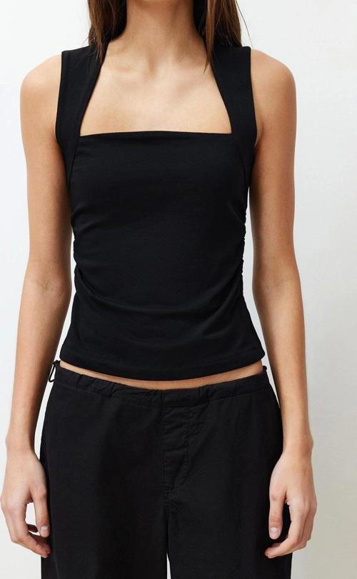 Moda Kare Yaka Örme Slim Düz Desen Casual Günlük Regular Askılı Kol Bluz
