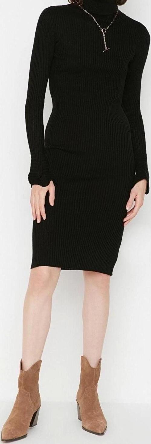 Moda Slim Casual Günlük Fitilli Triko Balıkçı Yaka Uzun Kol Bodycone Mini Boy Elbise