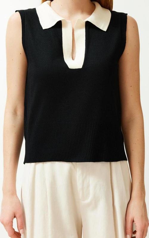 Moda Polo Yaka Triko Regular Renk Bloklu Desen Casual Günlük Regular Kolsuz Bluz