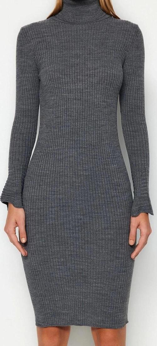Moda Slim Casual Günlük Fitilli Triko Balıkçı Yaka Uzun Kol Bodycone Mini Boy Elbise