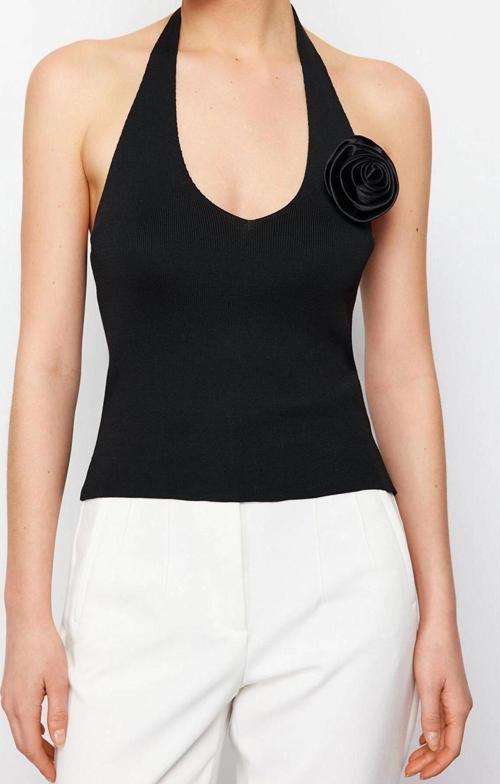 Moda V Yaka Triko Slim Fit Düz Desen Casual Günlük Crop Askılı Kol Bluz