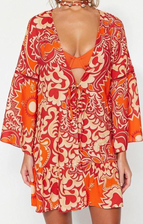 Moda Dokuma Regular Kalıp Crop V Yaka Standart Kol Shally Basic Etnik Desen Kimono Kaftan