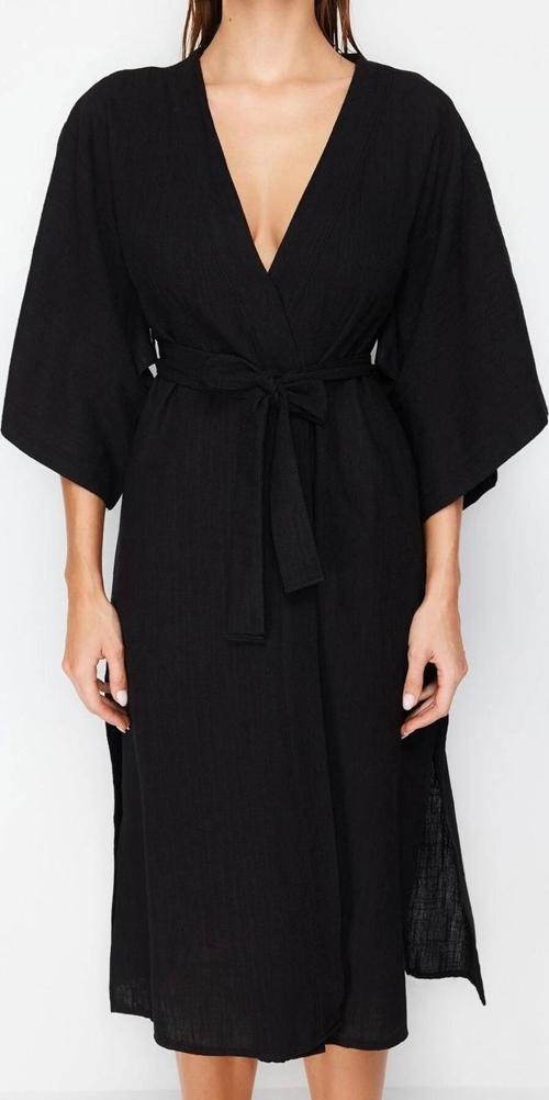 Moda Dokuma Regular Kalıp Midi V Yaka İspanyol Kol Keten görünümlü Basic Düz Desen Kimono Kaftan