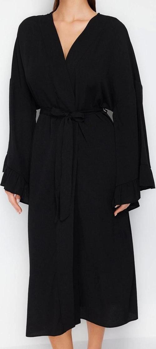 Moda Dokuma Regular Kalıp Uzun V Yaka Normal Kol Flamlı Pamuk Eteği Fırfırlı Düz Desen Kimono Kaftan