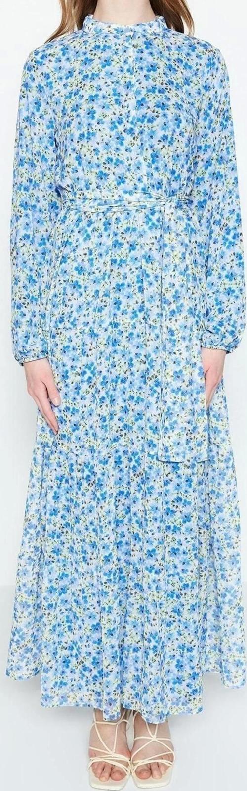 Moda Rahat Casual Günlük Şifon Dokuma Dik Yaka Uzun Kol Basic Maxi Boy Tesettür Elbise