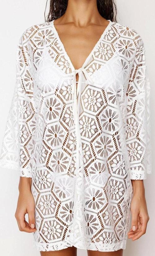 Moda Dokuma Oversize Kalıp Mini V Yaka Standart Kol Dantel Kruvaze Düz Desen Kimono Kaftan