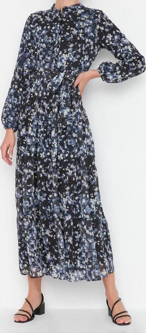 Moda Rahat Casual Günlük Şifon Dokuma Dik Yaka Uzun Kol Basic Maxi Boy Tesettür Elbise