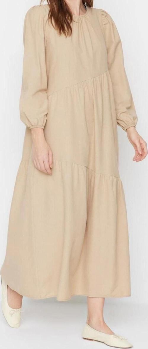 Moda Regular Casual Günlük Terrycotton Dokuma Bisiklet Yaka Uzun Kol A-Line Maxi Boy Tesettür Elbise