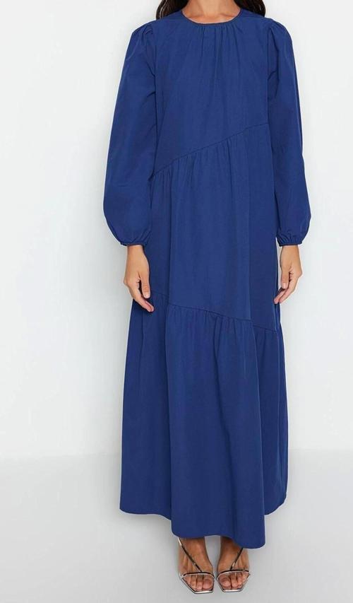 Moda Regular Casual Günlük Terrycotton Dokuma Bisiklet Yaka Uzun Kol A-Line Maxi Boy Tesettür Elbise
