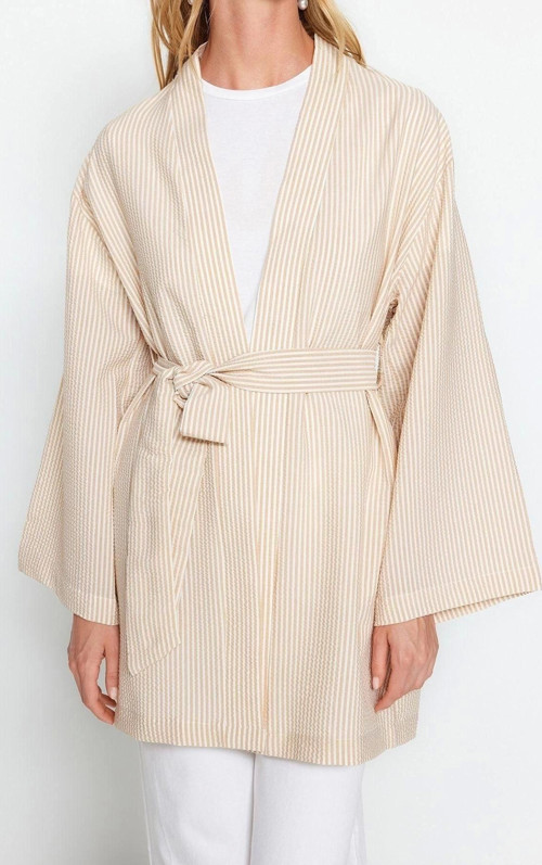 Moda Dokuma Rahat Kalıp Midi V Yaka Düşük Kol Gofre Kruvaze Çizgili Tesettür Giyim Kimono Kaftan