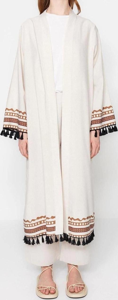 Moda Dokuma Rahat Kalıp Uzun Kruvaze Düşük Kol Keten görünümlü Kruvaze Tesettür Giyim Kimono Kaftan