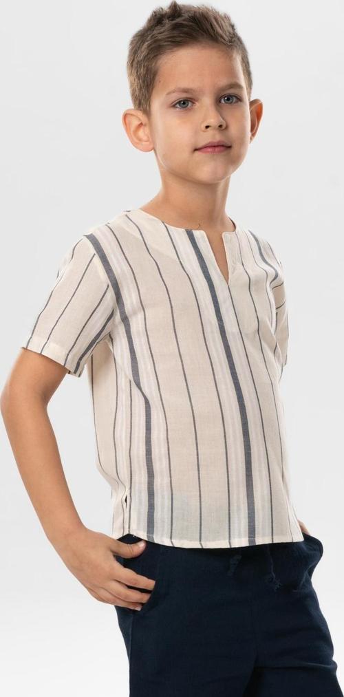 Kısa Kol Şile Bezi Bisiklet Yaka Yazlık Erkek Çocuk Tshirt Ekru Gri Çizgili 3028