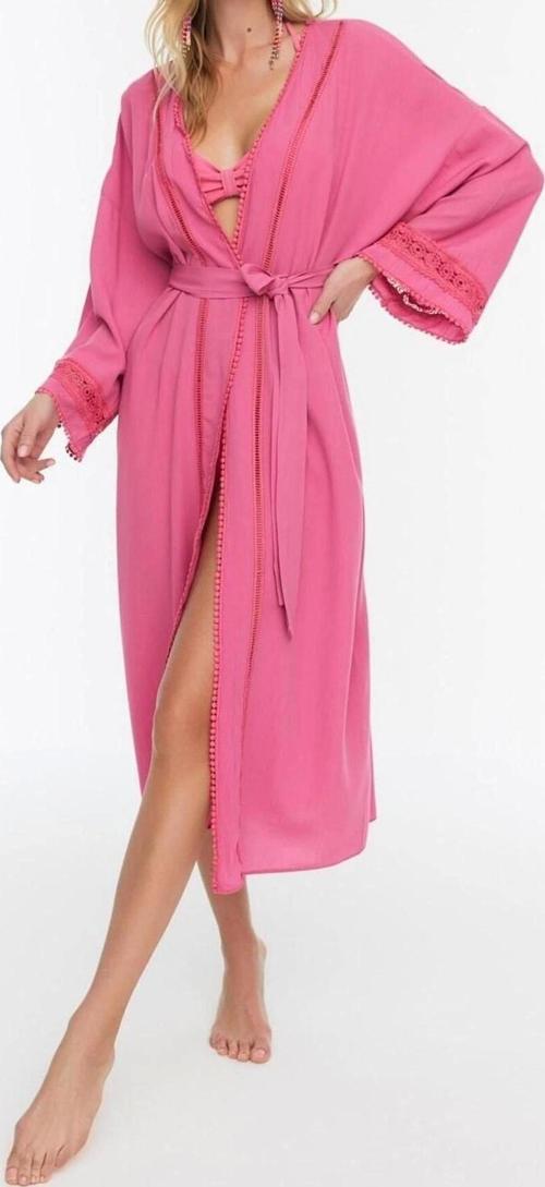 Moda Dokuma Regular Kalıp Uzun V Yaka Standart Kol Crinkle Basic Düz Desen Kimono Kaftan